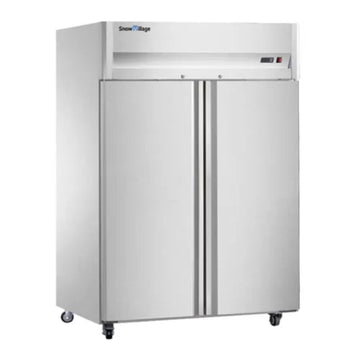 Commercial refrigerator with double doors on a white background