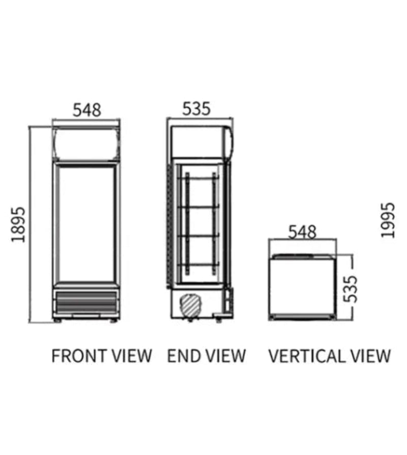 Dimensions of a refrigerator shown from front, end, and vertical views.