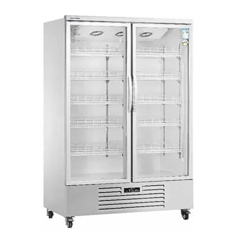 Commercial refrigerator with glass doors on a white background