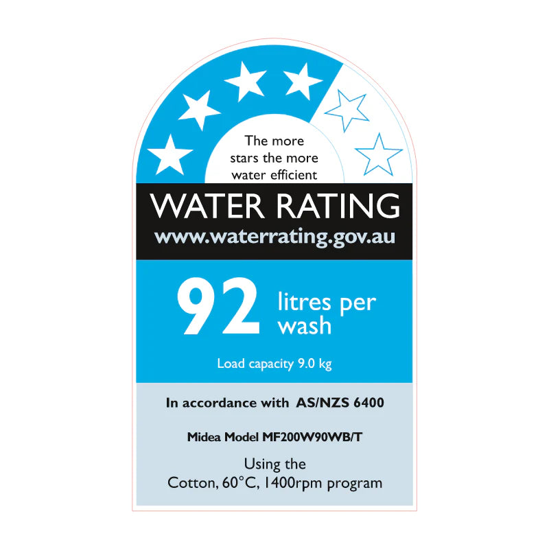 Water rating label with star indicator and text on a white background