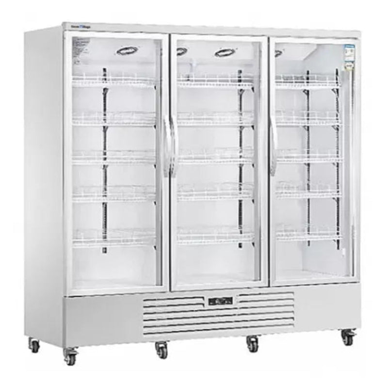 Commercial refrigerator with glass doors on a white background