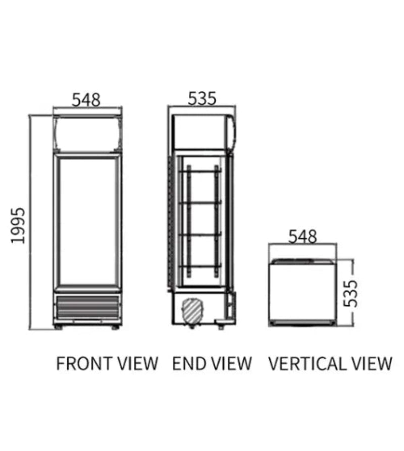 Technical drawing of a refrigerator with dimensions labeled for front, end, and vertical views.