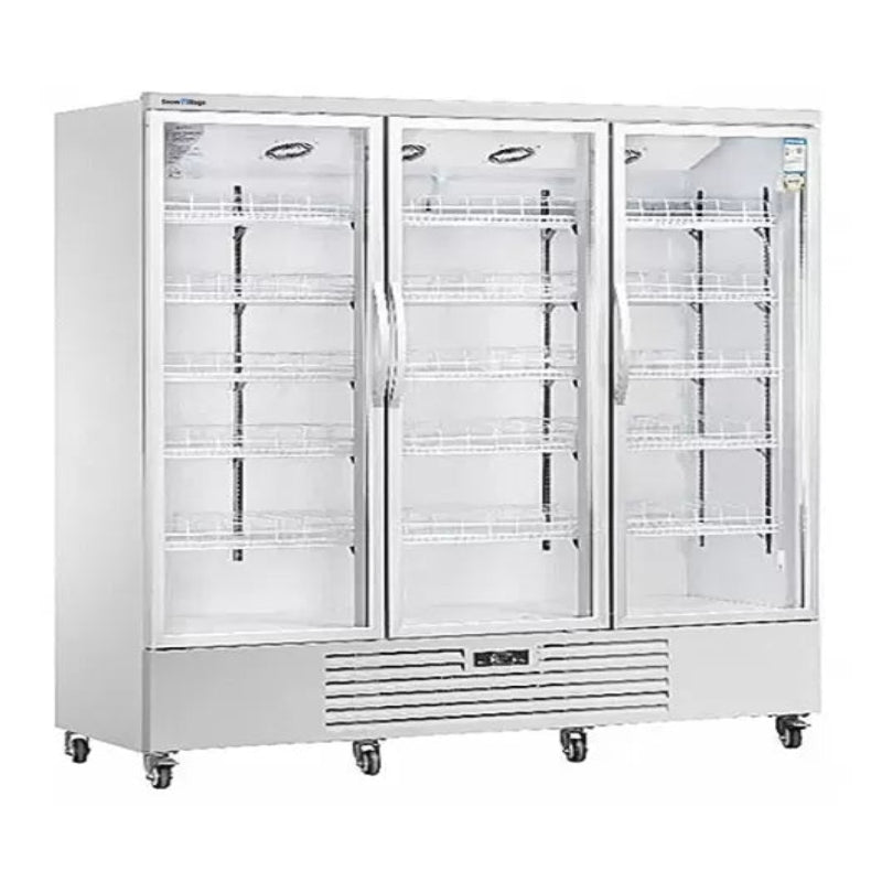 Triple-door commercial freezer with glass panels on a white background