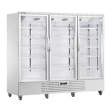 Triple-door commercial freezer with glass panels on a white background
