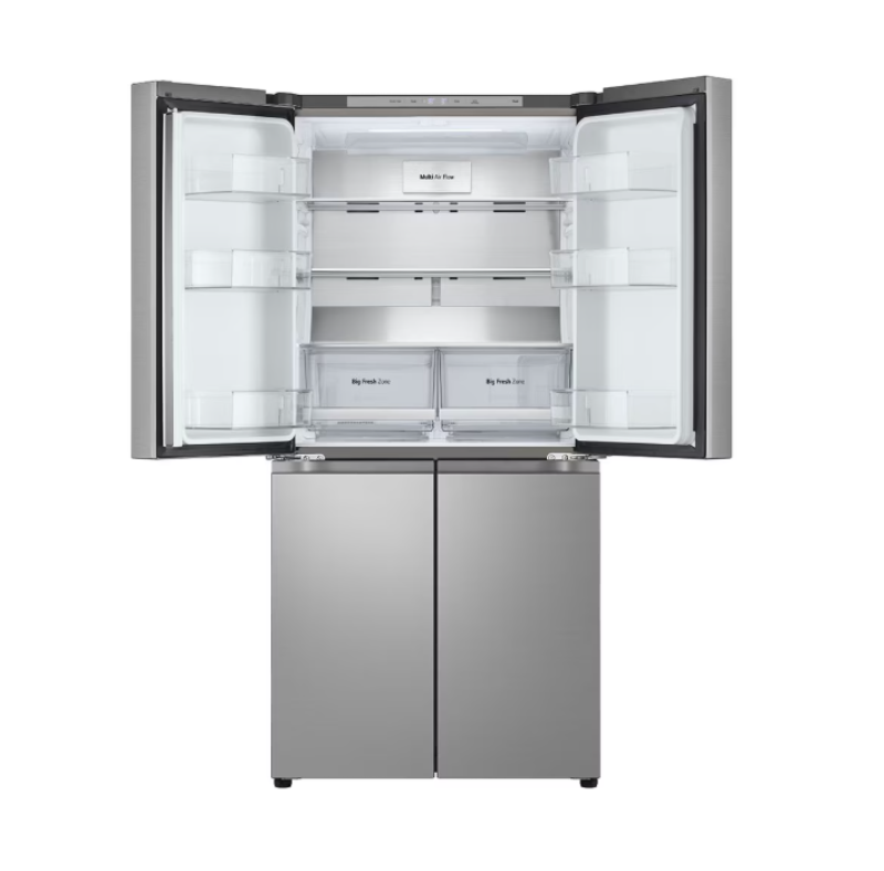 Stainless steel refrigerator with open doors on a white background