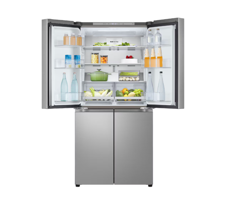 Stainless steel refrigerator with open doors displaying various food items on a white background