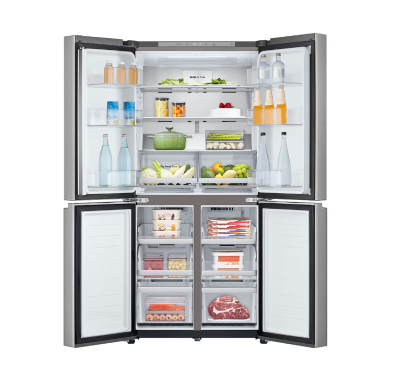Open refrigerator with various food items on a white background