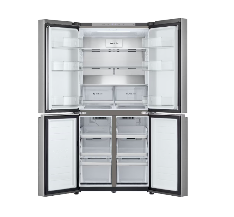 Open refrigerator with glass doors on a white background