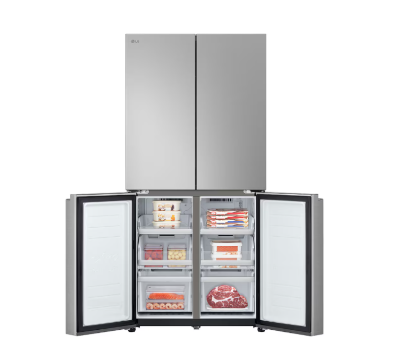 Stainless steel refrigerator with open doors displaying various food items on a white background