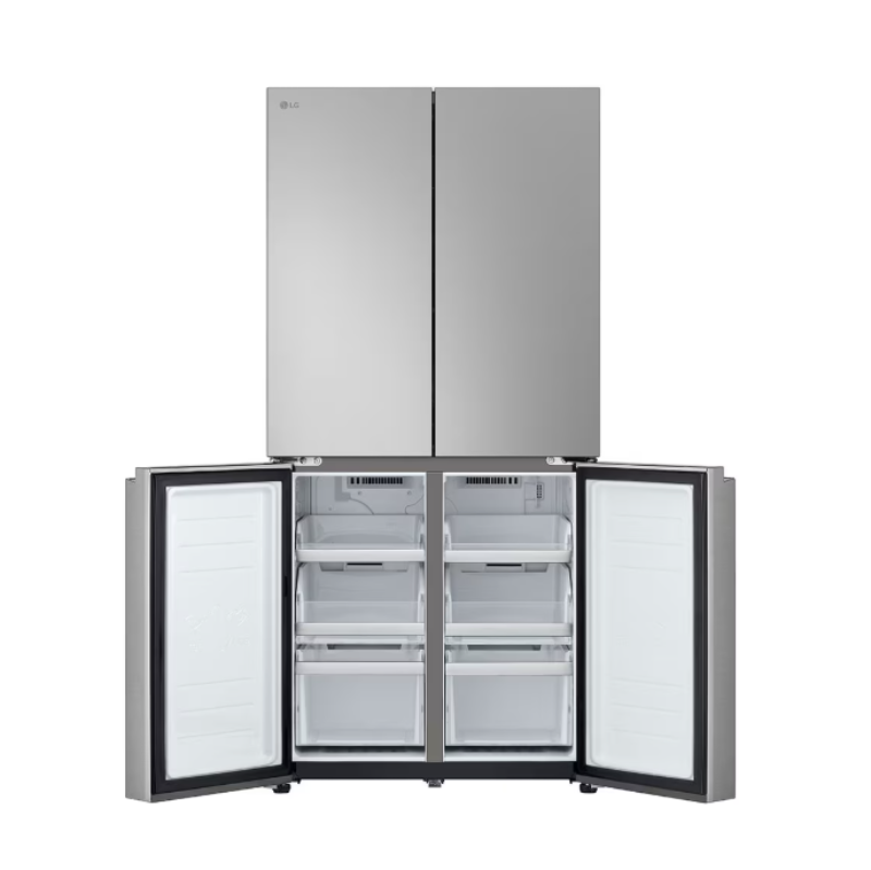 Stainless steel refrigerator with open doors on a white background