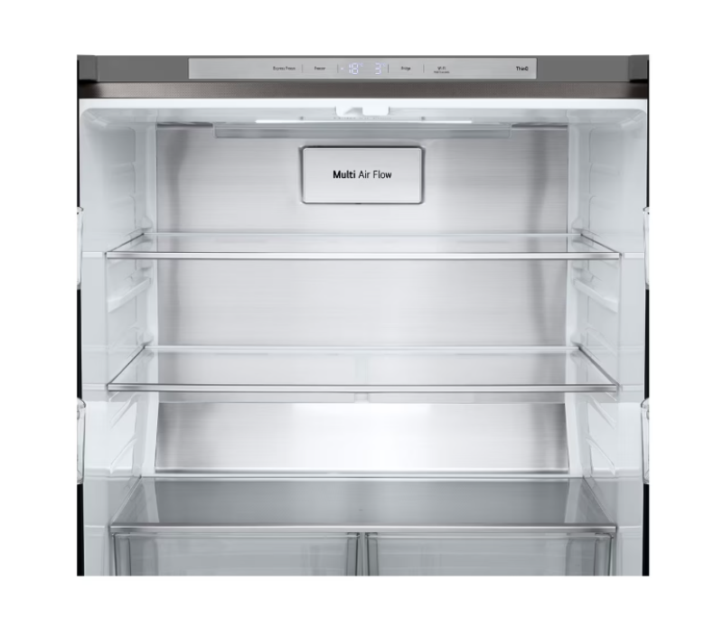 Empty refrigerator with 'Multi Air Flow' label on a white background