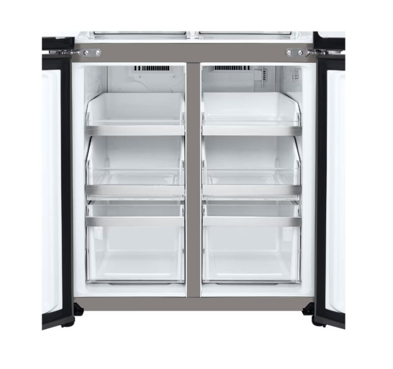 Commercial refrigerator with glass doors on a white background