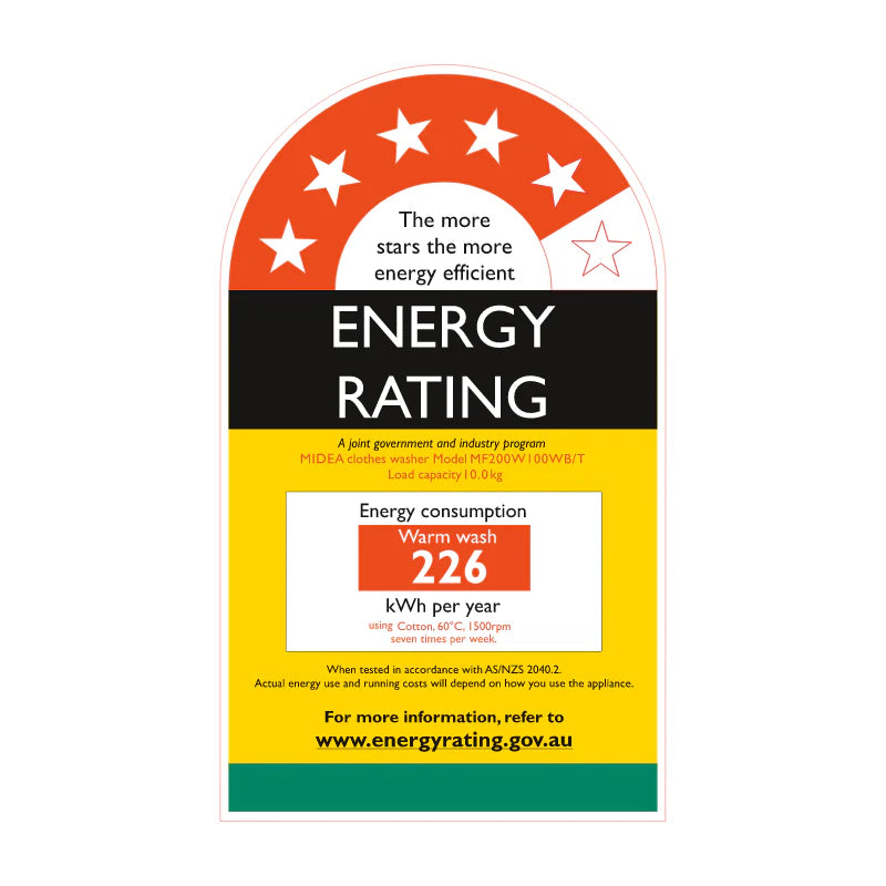 Energy rating label with star system and energy consumption details on a white background