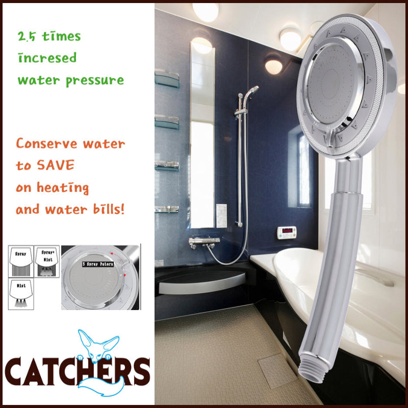 Handheld shower head with water pressure and conservation benefits displayed, set against a bathroom background.