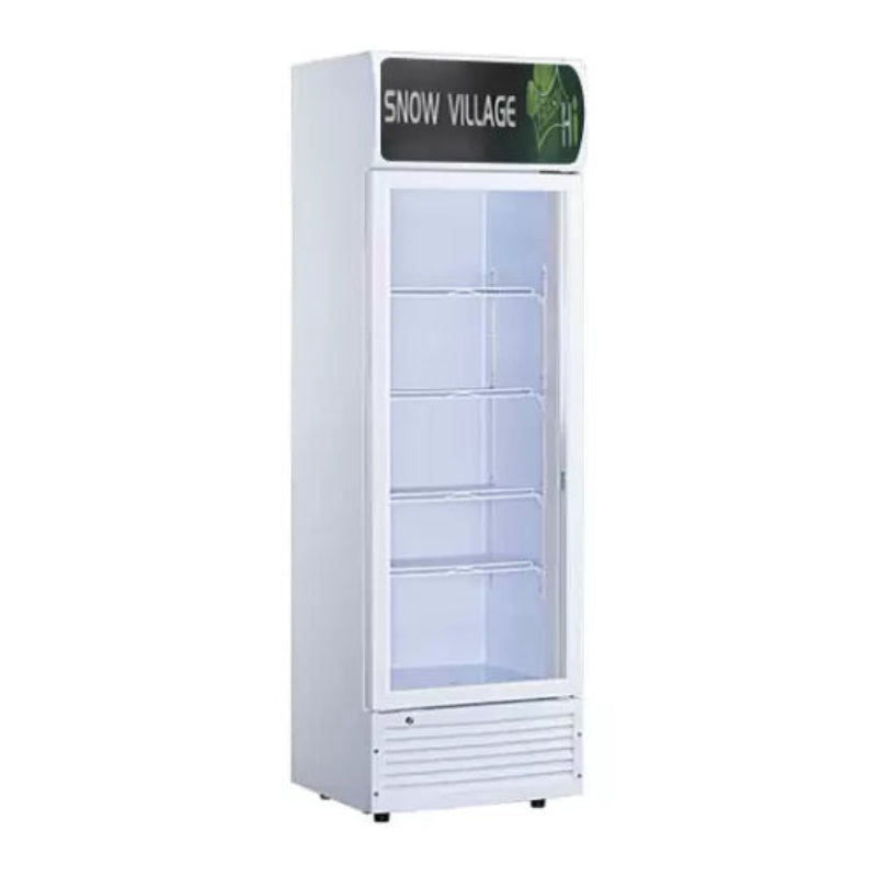 White refrigerator with 'Snow Village' branding on a white background