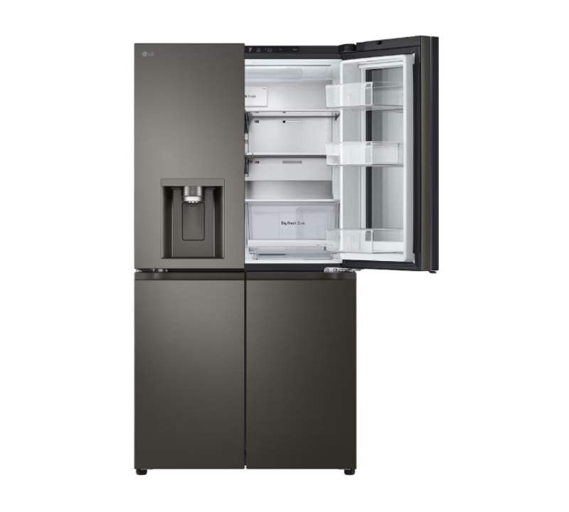 Black refrigerator with open doors on a white background
