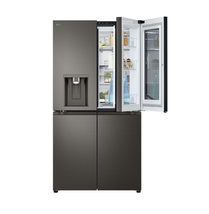 Modern refrigerator with open doors on a white background