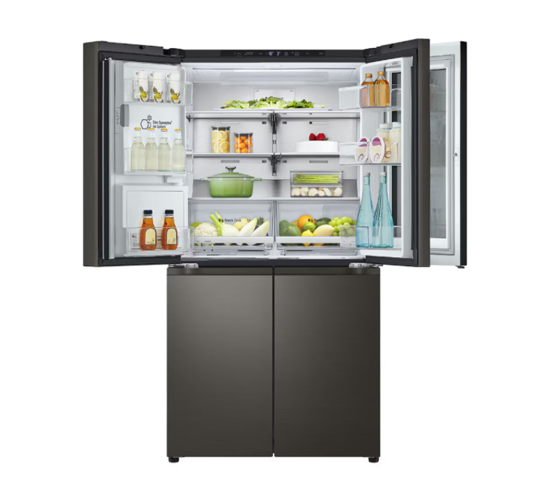 Open refrigerator with food items on a white background