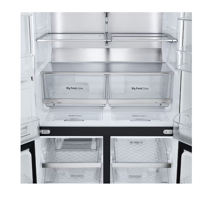 Empty refrigerator with labeled drawers on a white background