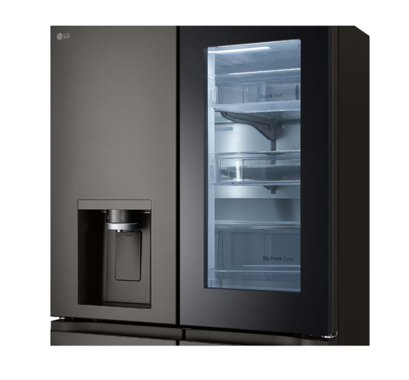 Modern refrigerator with glass door on a white background