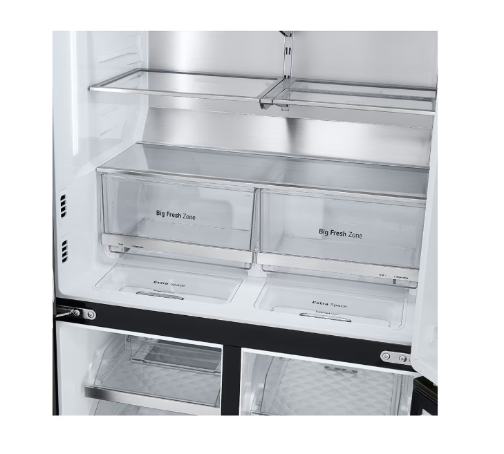 Interior of a refrigerator with labeled compartments