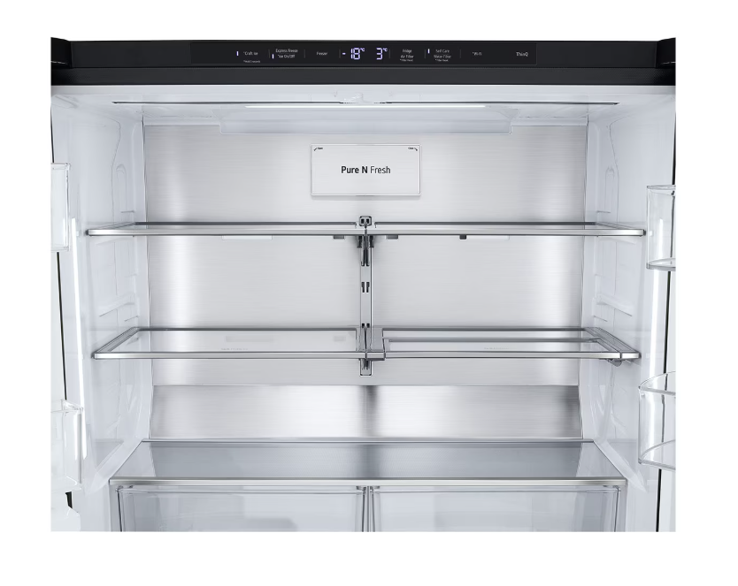 Stainless steel refrigerator with 'Pure N Fresh' label on a white background