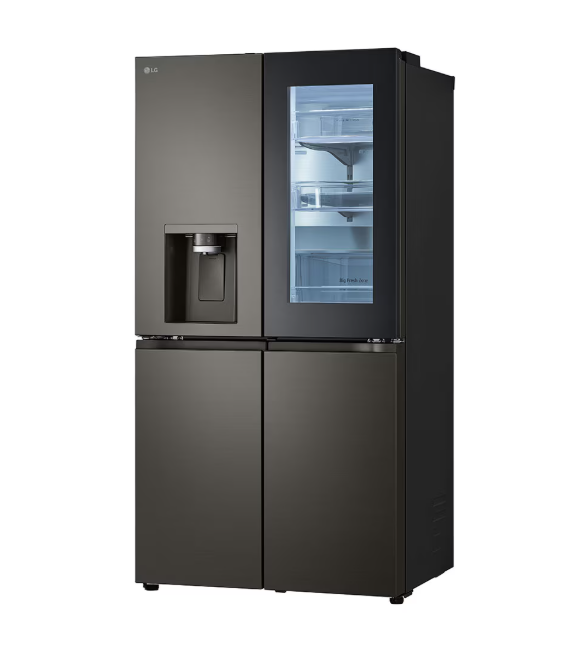 Black refrigerator with glass door on a white background