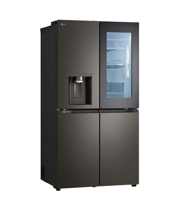 Black refrigerator with glass door on a white background