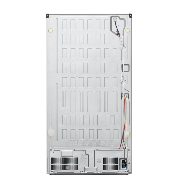 Back view of a refrigerator on a white background