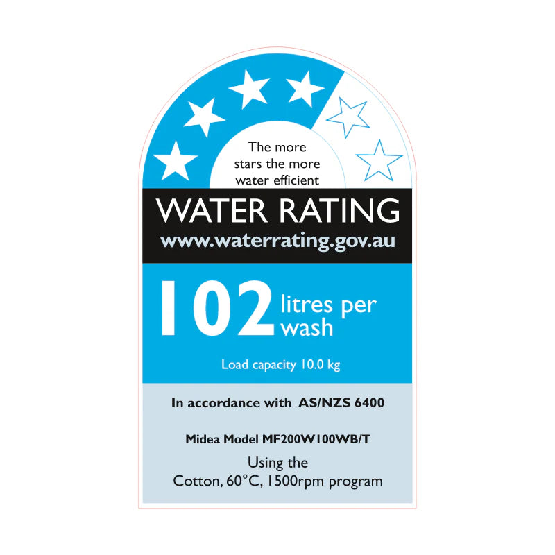 Water rating label with star indicator and water usage information on a white background