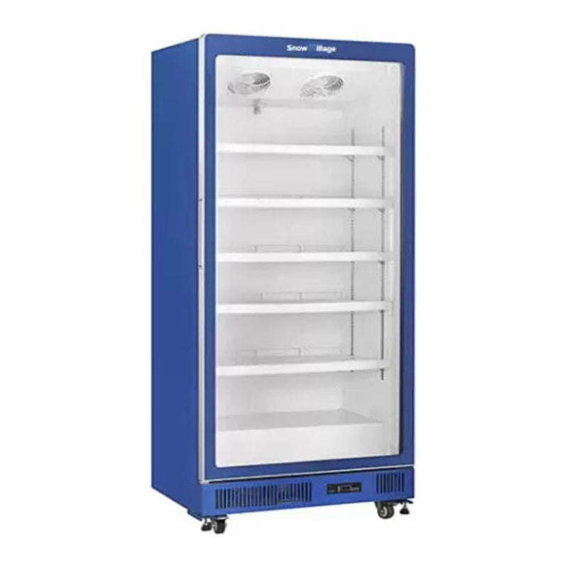 Blue commercial freezer with glass door on a white background