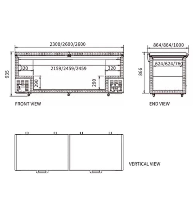 Technical drawings of a storage unit with dimensions labeled on a white background