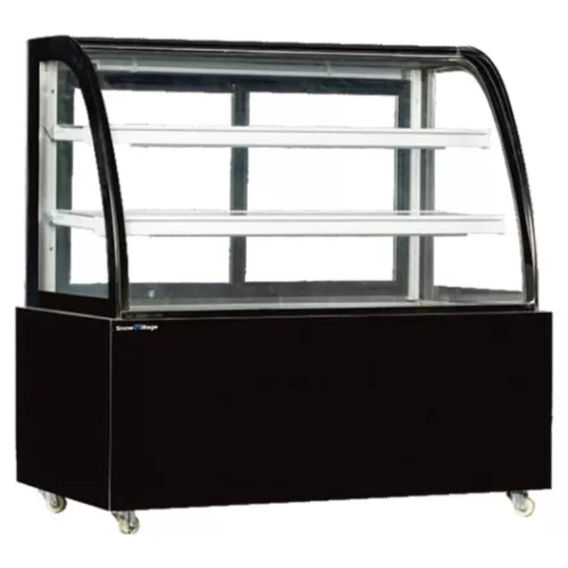 Black display case with glass front on a white background