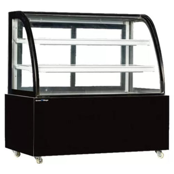 Black display case with glass front on a white background