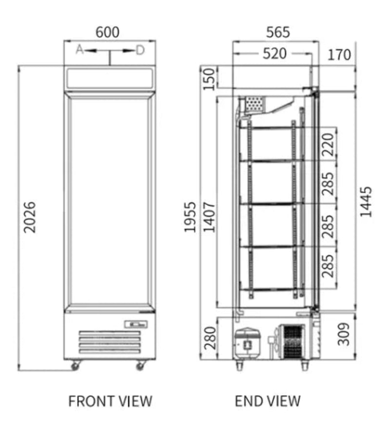 Technical drawing of a refrigerator with dimensions labeled