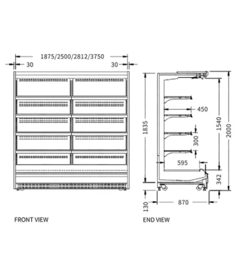 Technical drawing of a storage cabinet with dimensions labeled