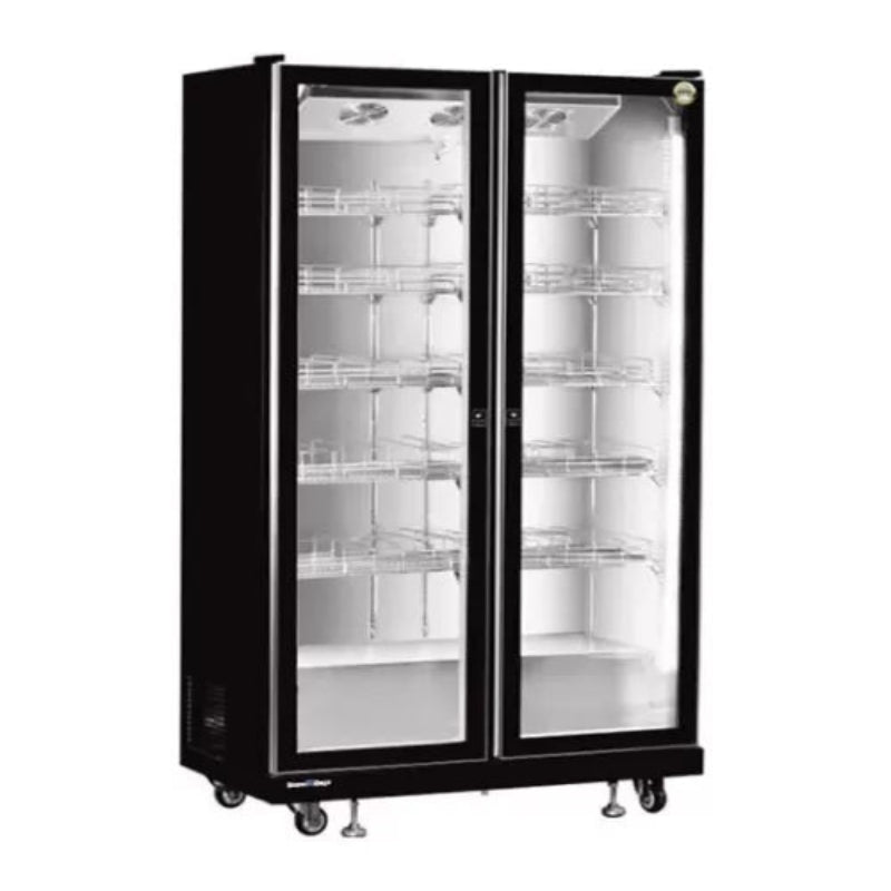 Black glass-fronted refrigerator on a white background