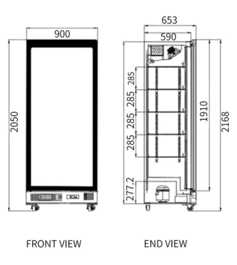 Technical drawings of a refrigerator with dimensions labeled