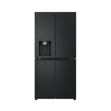 Black refrigerator with water and ice dispenser on a white background