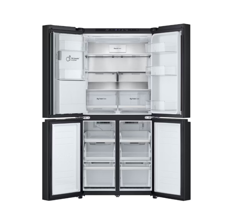 Open refrigerator with black frame on a white background
