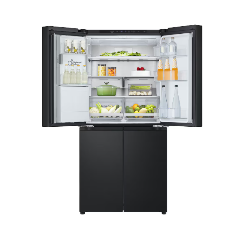 Black refrigerator with open doors displaying various food items on a white background