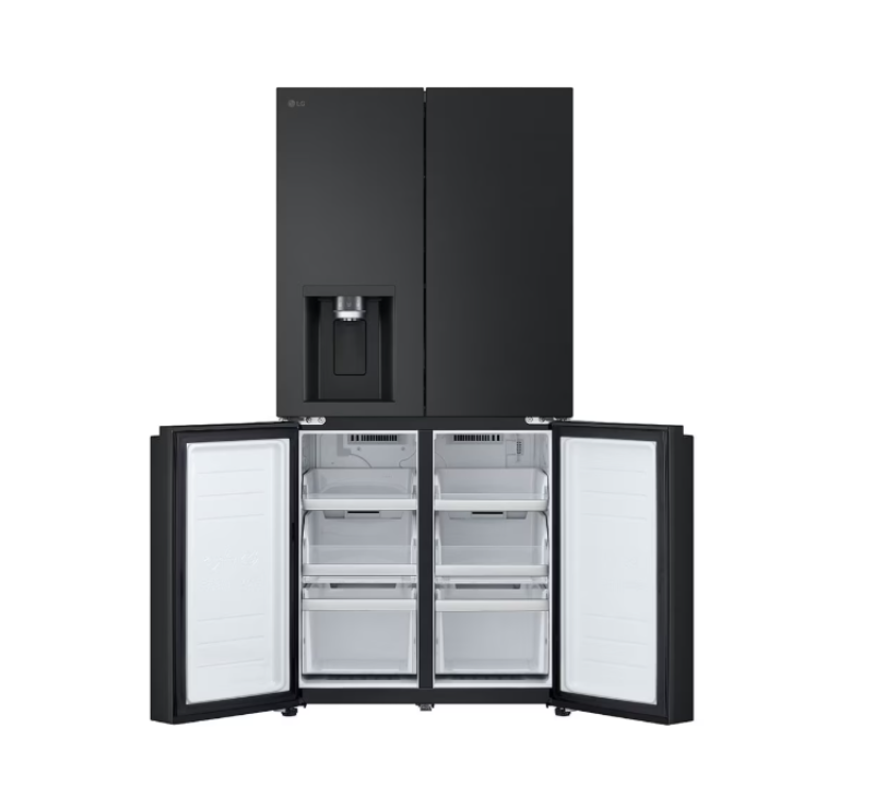 Black refrigerator with open doors on a white background