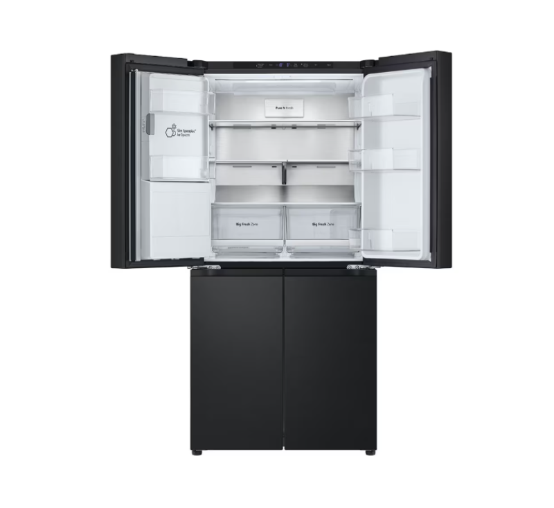 Black refrigerator with open doors on a white background