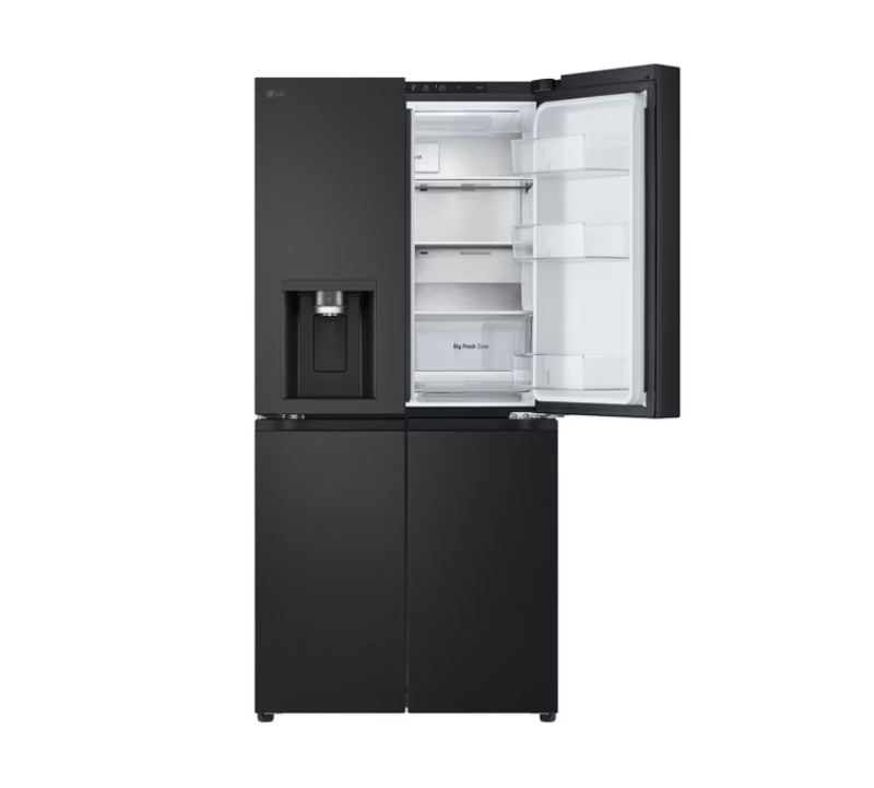 Black refrigerator with open doors on a white background