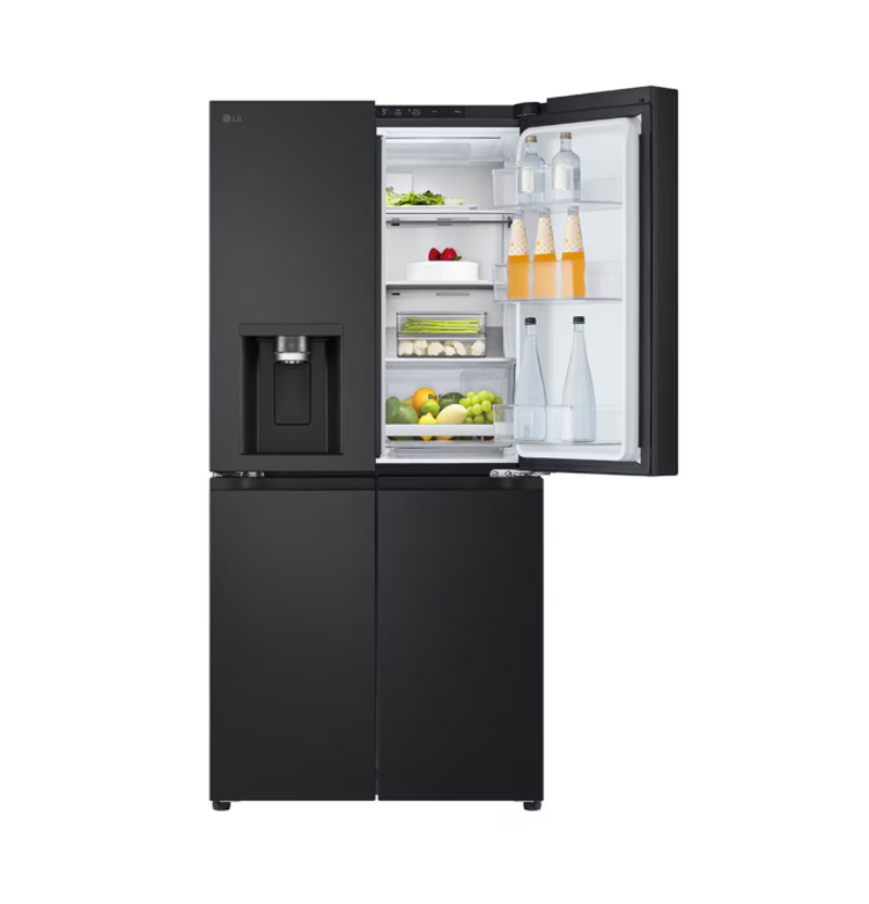 Black refrigerator with open doors displaying various items on a white background