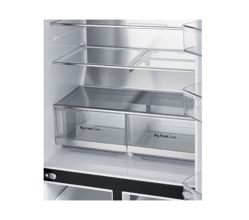 Stainless steel refrigerator with glass shelves and 'Big Fresh Zone' labels on a white background