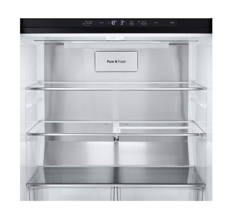 Stainless steel refrigerator with 'Pure N Fresh' label on a white background