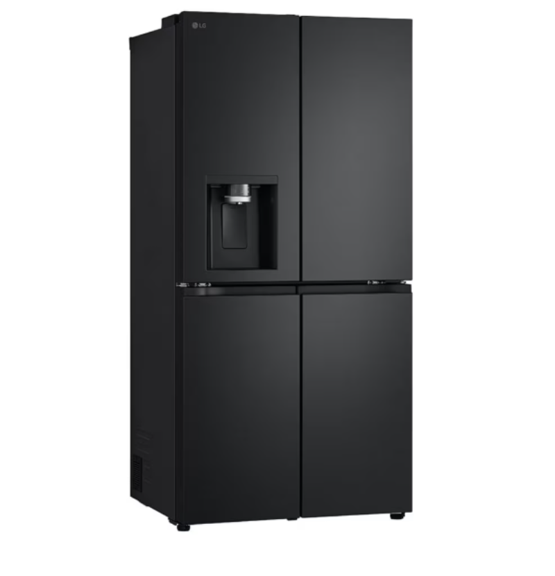 Black refrigerator with water and ice dispenser on a white background