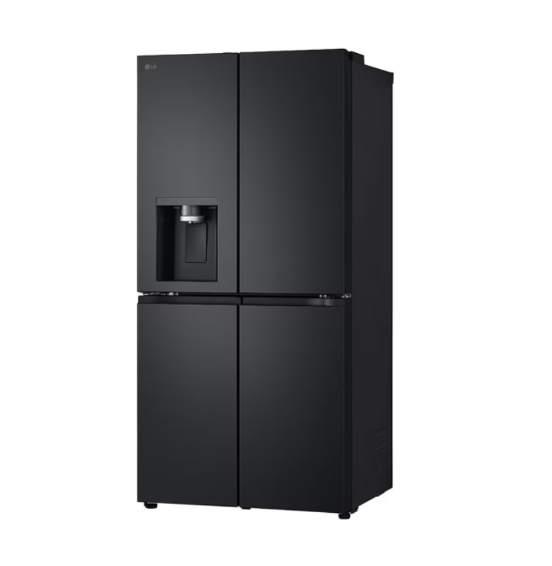 Black refrigerator with water and ice dispenser on a white background