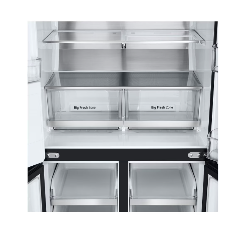 Stainless steel refrigerator interior with labeled drawers